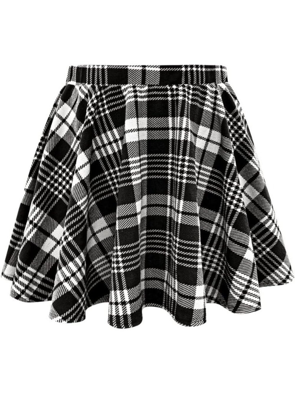 Women Black White Grid Polyester A-Line Elastic Waist Mini Corduroy Skater Skirt